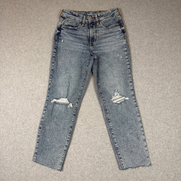 Old Navy Denim - Old Navy OG Straight High Rise Jeans Womens 0 Light Wash Distressed Raw Hem